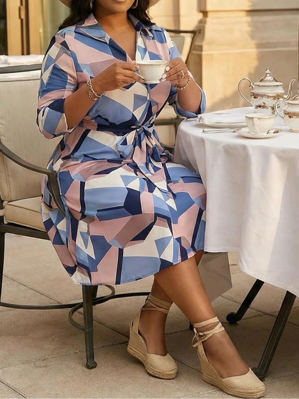 FANDEE Geometric Print Blue & Pink Tie-Waist A-Line Dress - Picture 9 of 12